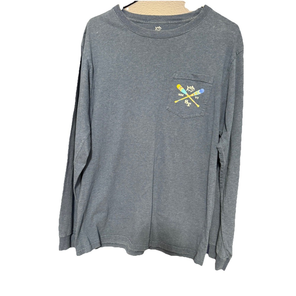Southern Tide Long Sleeve Pocket T-Shirt – Men's Medium – Navy Blue – Fish Logo
